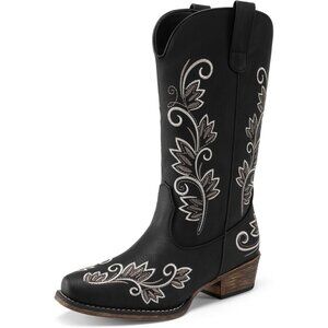 Women's Black Western Cowgirl Mid Calf Boots Square Toe Embroidered Chunky Heel